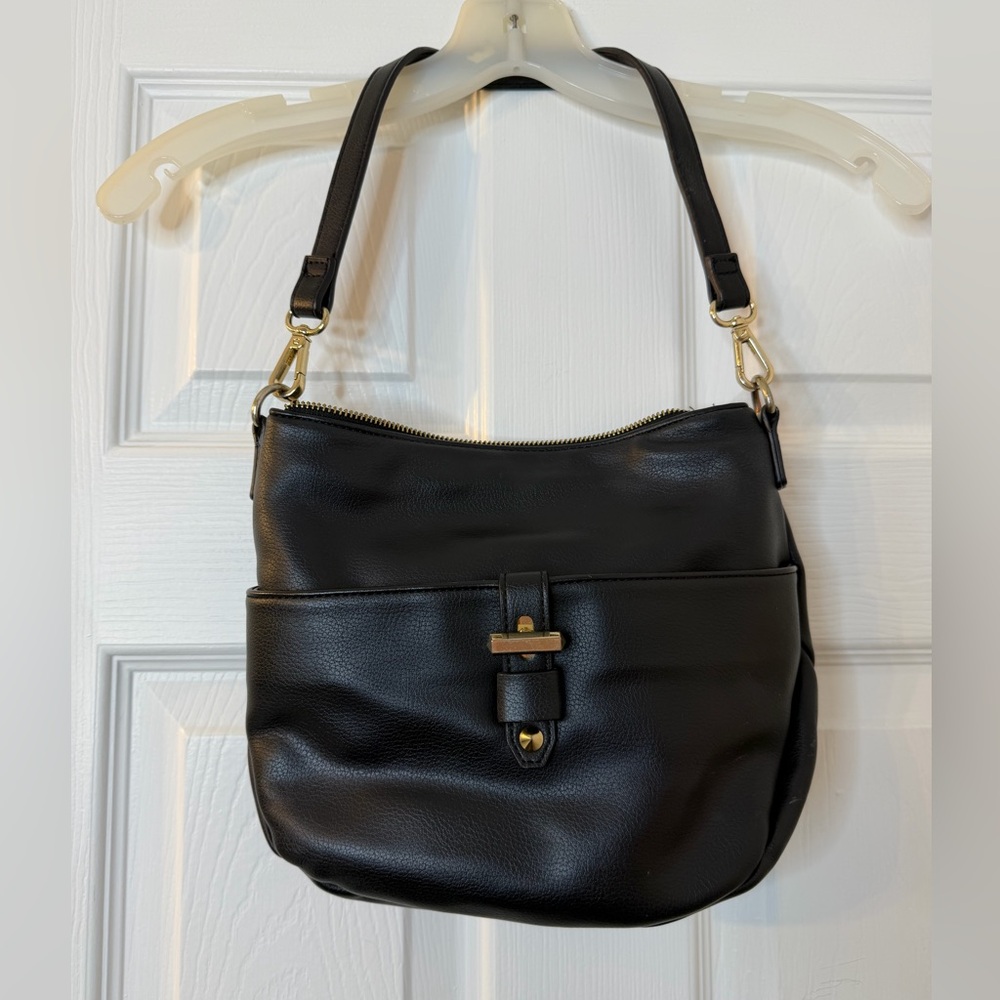 INC International Concepts Black Pebbled Leather Shoulder Bag with Gold Hardware